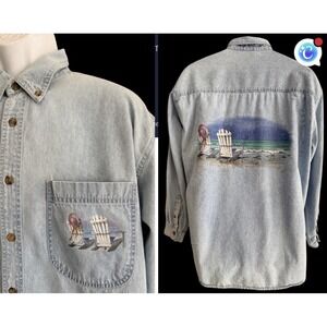 Vintage ChannelMark Men Shirt L Denim Beach Scene Graphic Back Cottagecore
